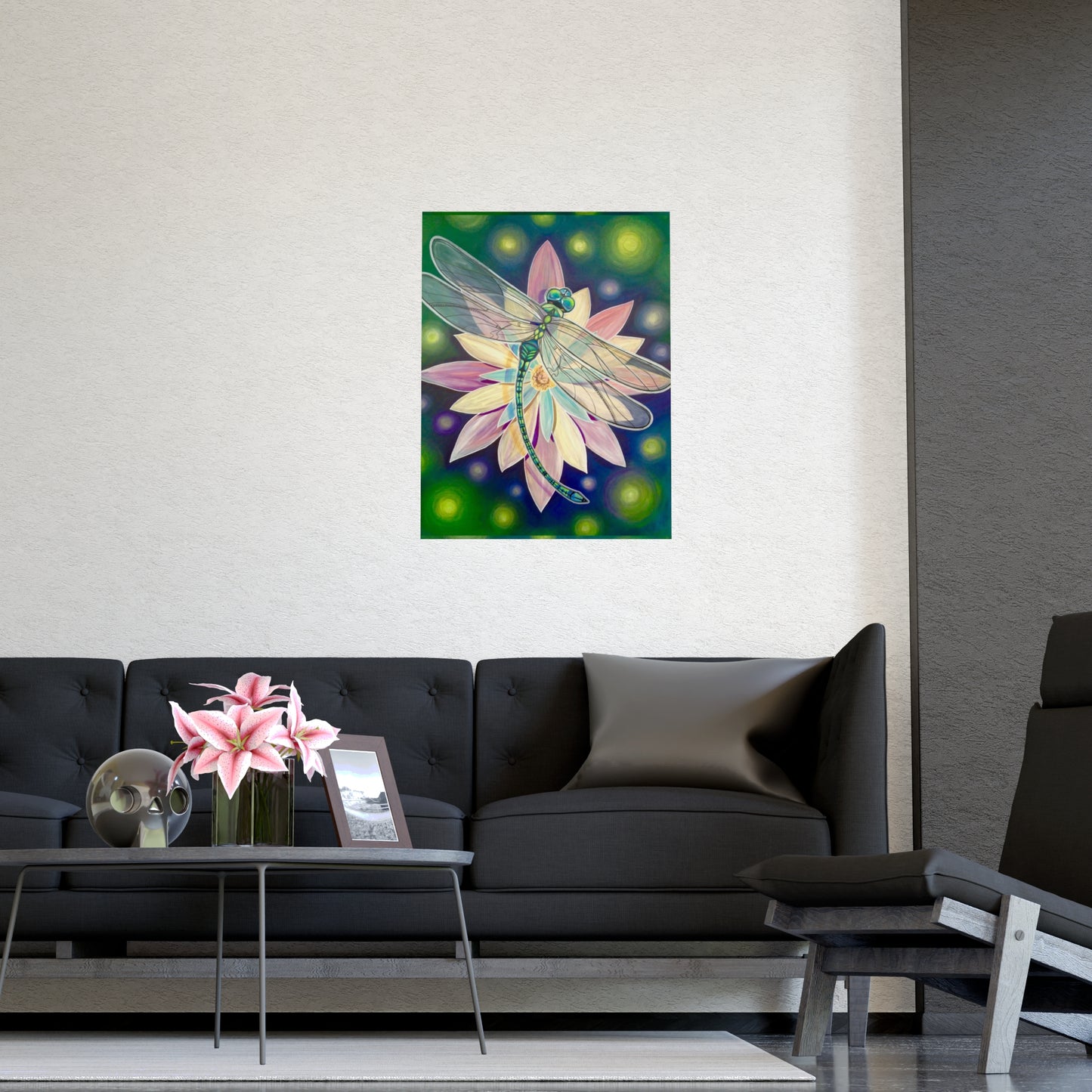 Poster Dragonfly Water Lily Jewel Tone Monet Style