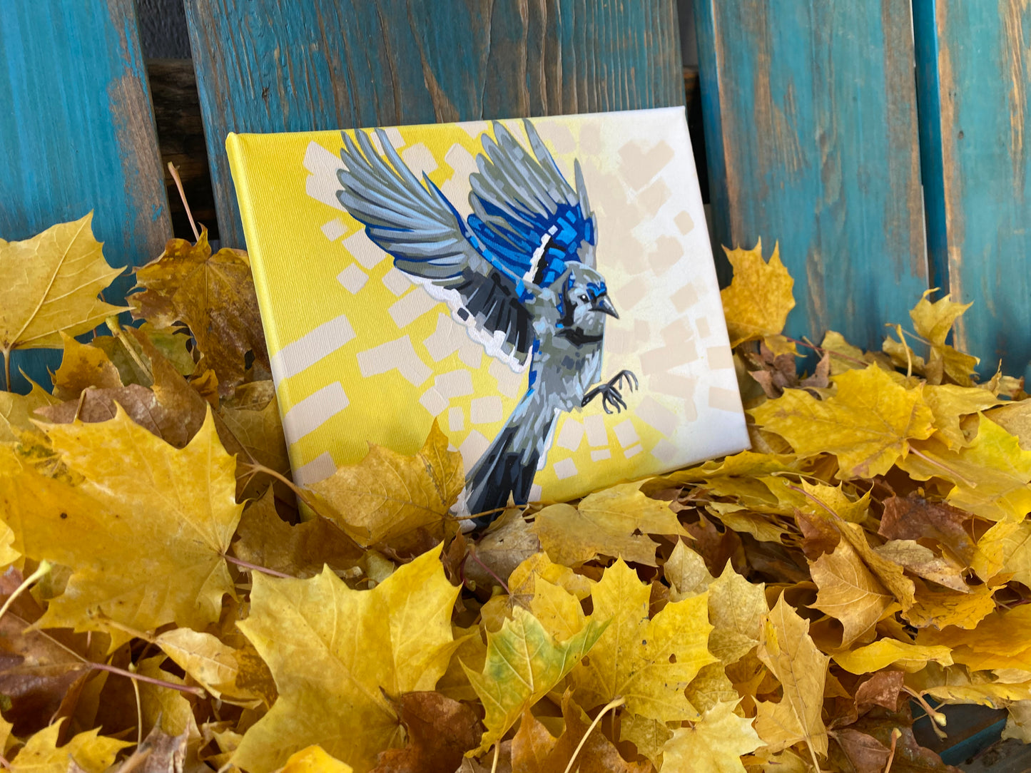 Bluejay Flight – Original 8x10 Acrylic Painting | Colorful Bird Wall Art by Karin E. Hoffman