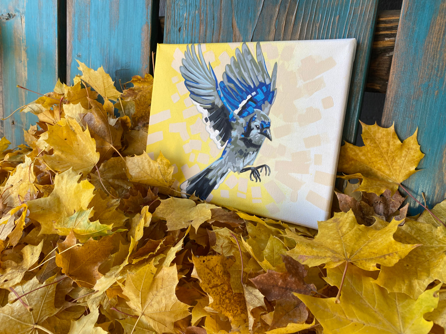 Bluejay Flight – Original 8x10 Acrylic Painting | Colorful Bird Wall Art by Karin E. Hoffman