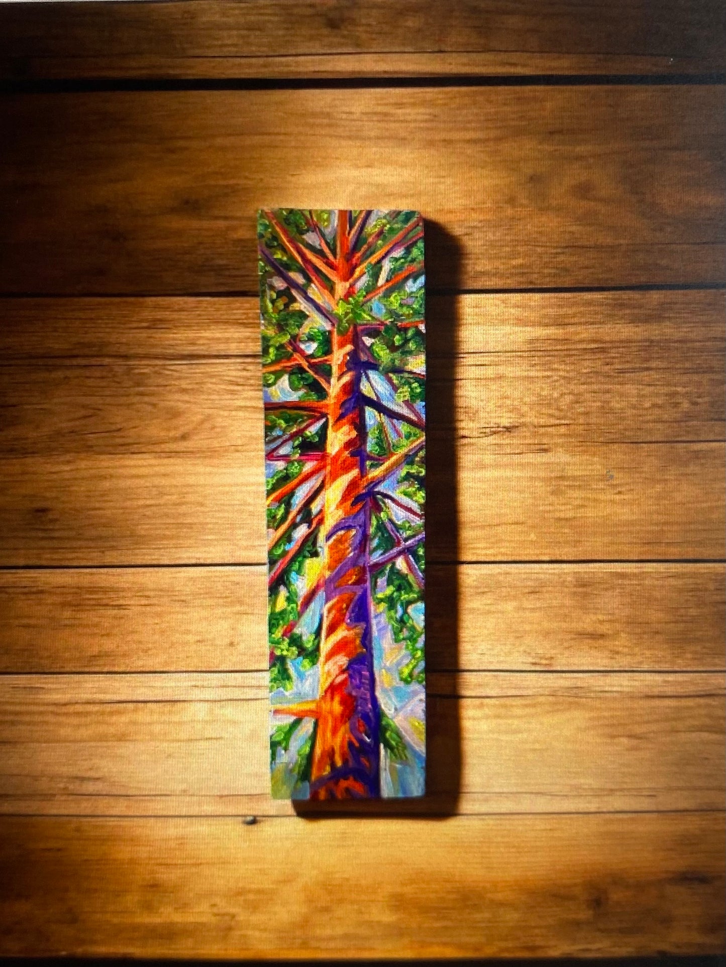 Original Pop Impressionism Up Fir Tree Painting on Wood | Karin E. Hoffman Art