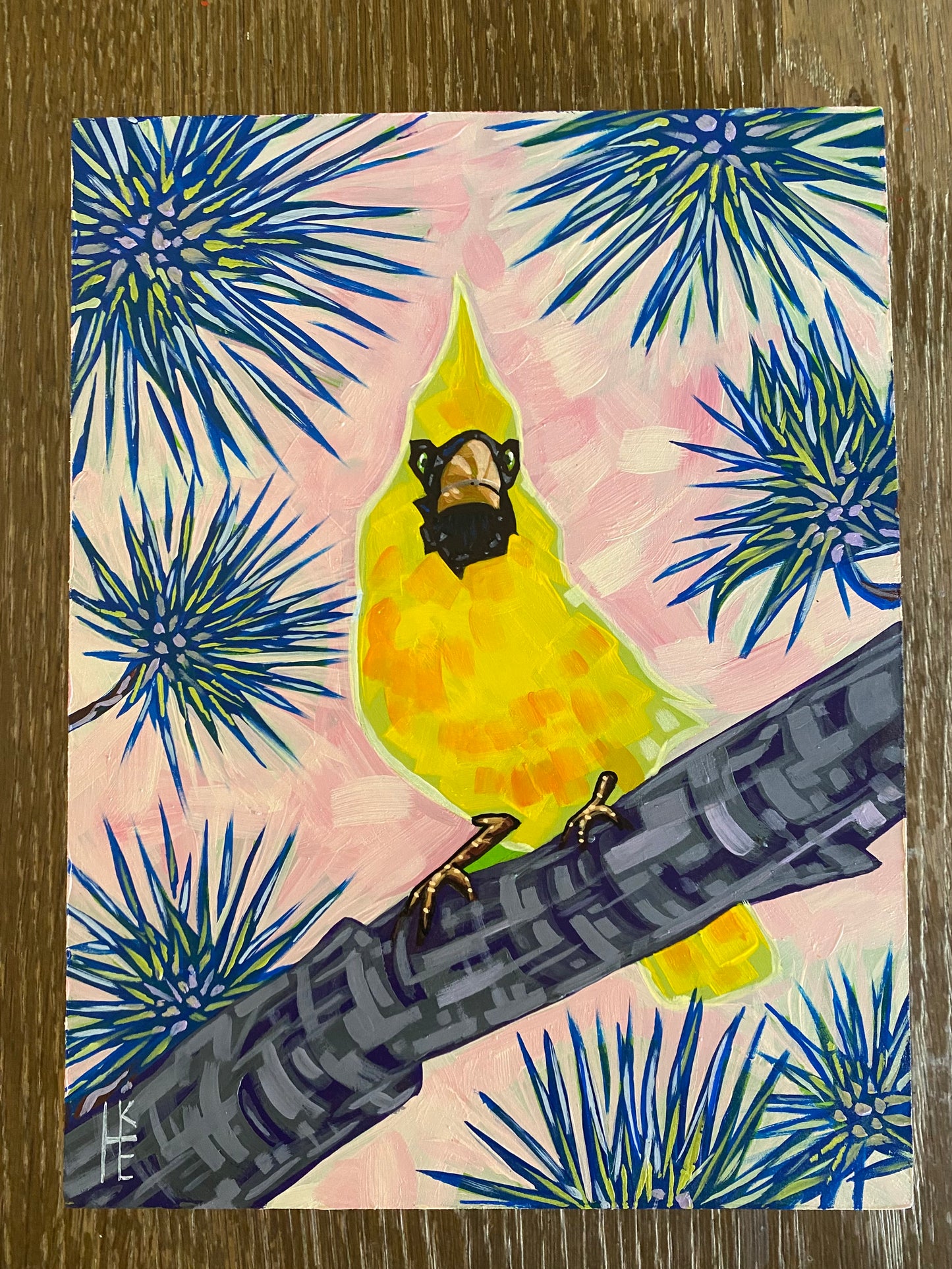 “Yellow Cardinal Muse” Acrylic on Wood Panel
