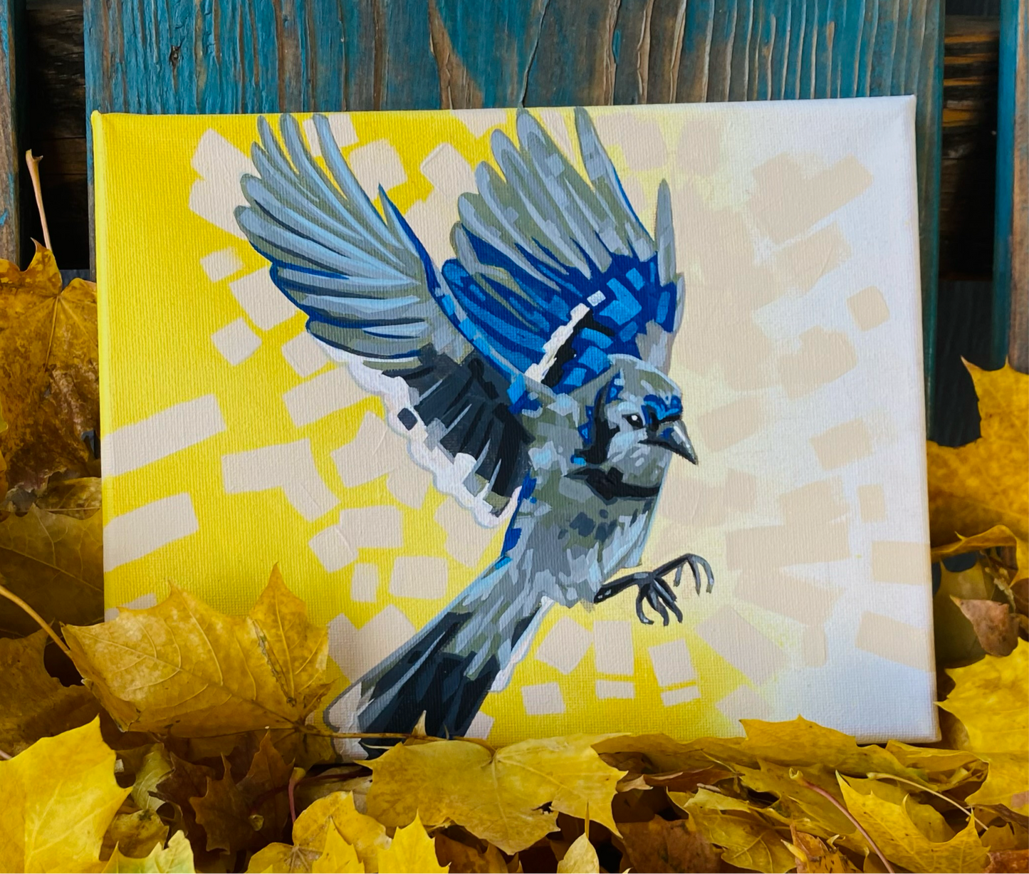 Bluejay Flight – Original 8x10 Acrylic Painting | Colorful Bird Wall Art by Karin E. Hoffman