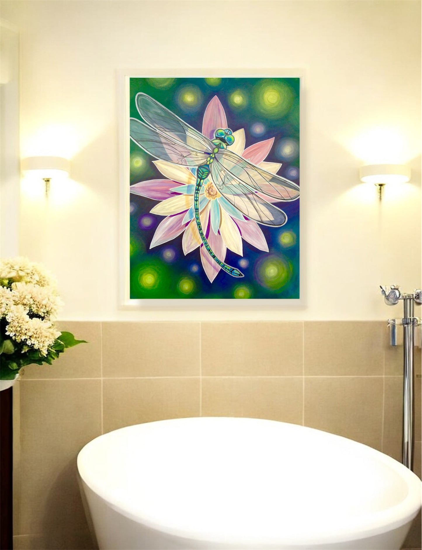 Poster Dragonfly Water Lily Jewel Tone Monet Style