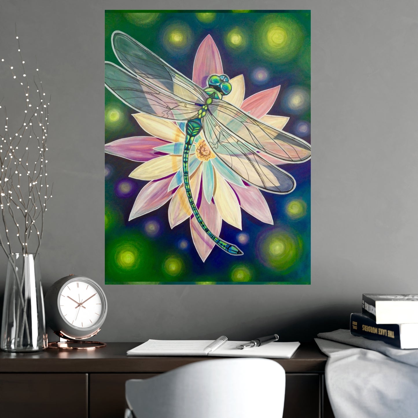 Poster Dragonfly Water Lily Jewel Tone Monet Style