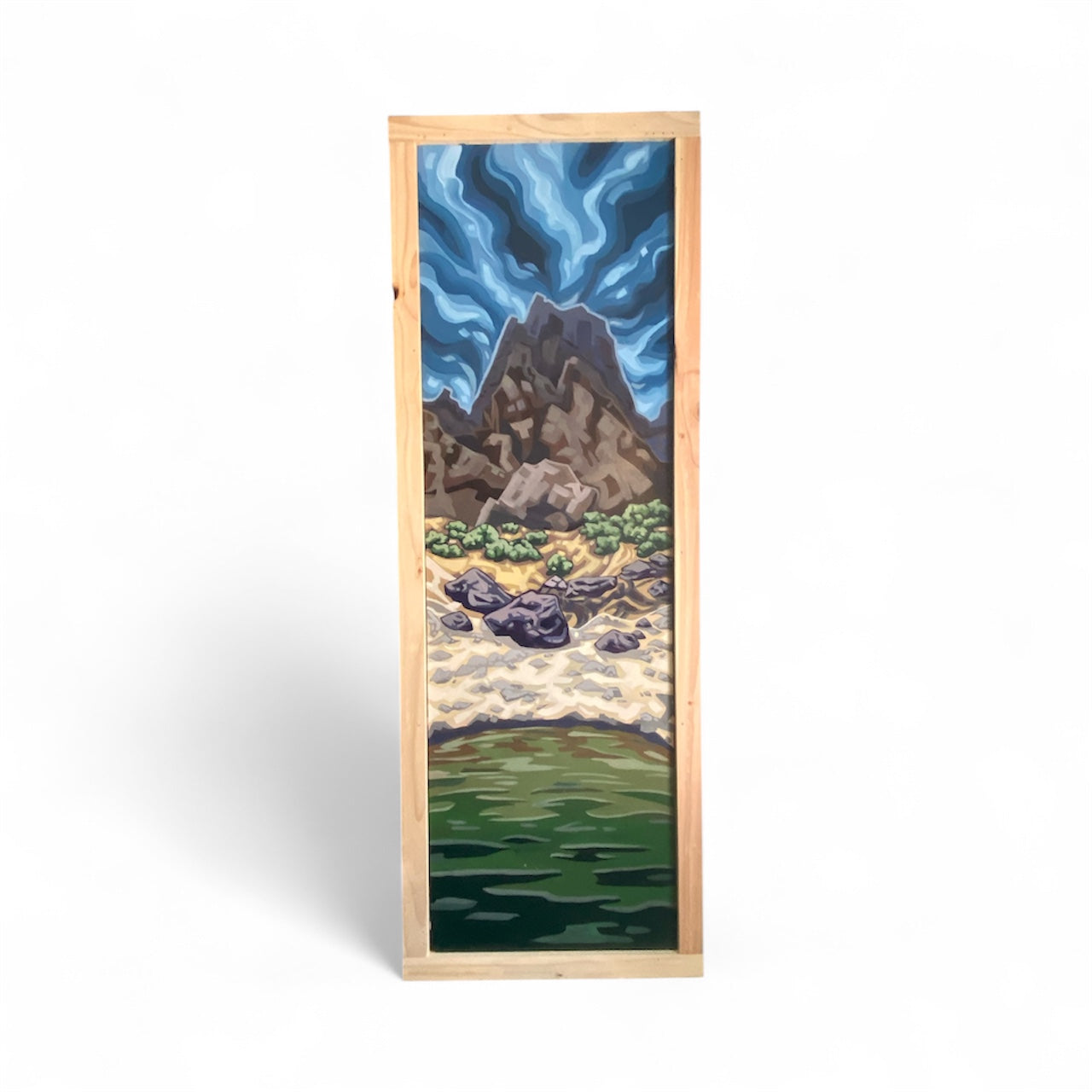 Stacked Rock Storm | 15x48 Original Acrylic Landscape on Wood Panel by Karin E. Hoffman