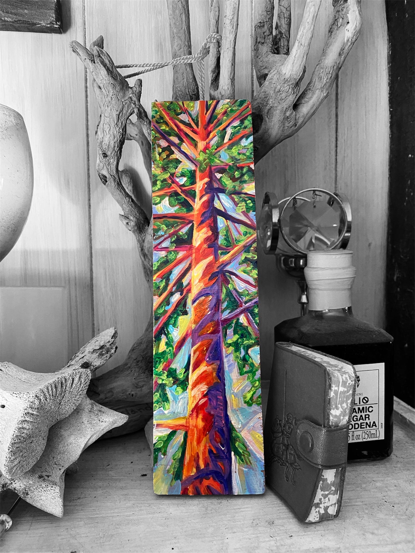 Original Pop Impressionism Up Fir Tree Painting on Wood | Karin E. Hoffman Art