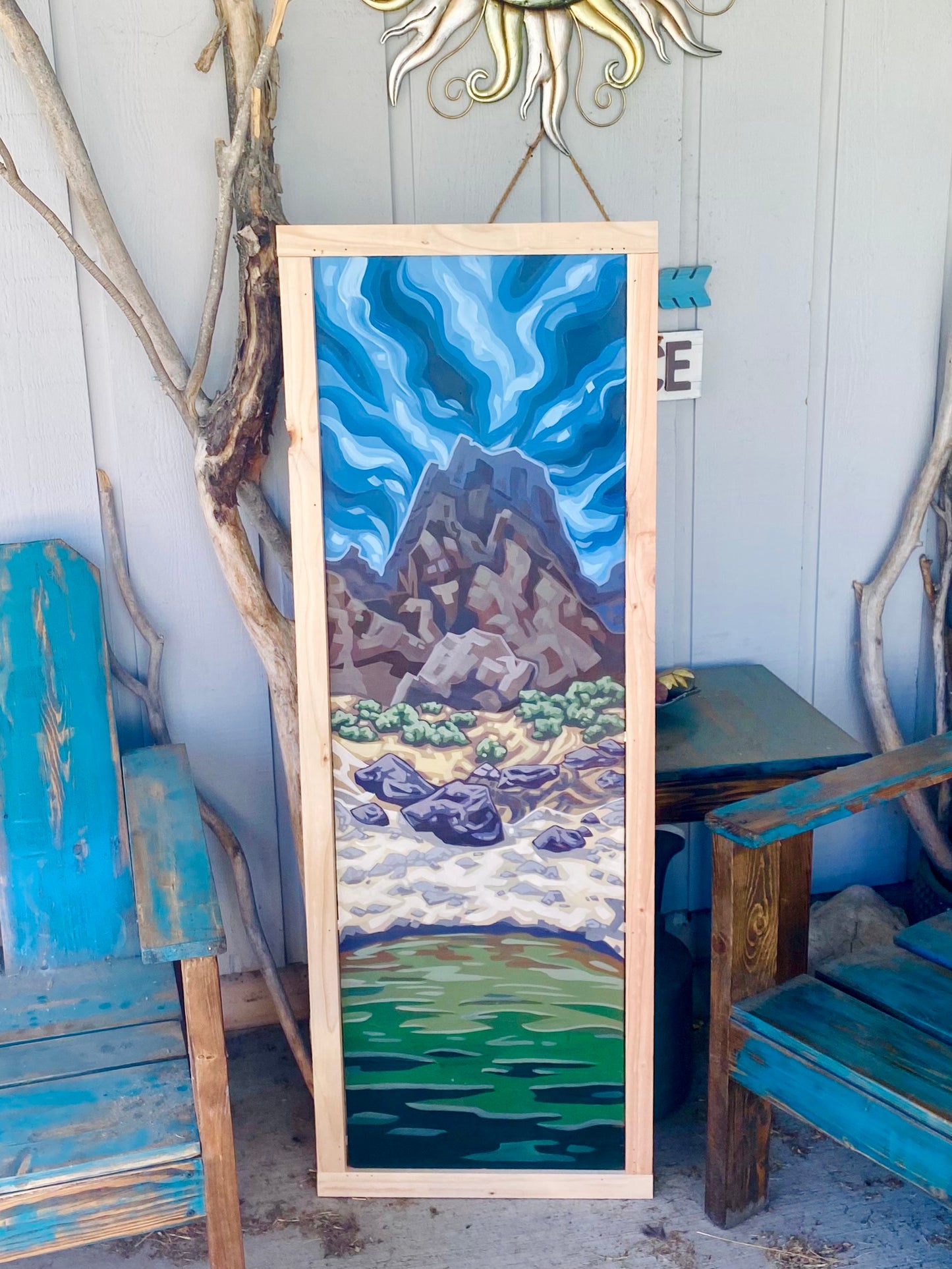 Stacked Rock Storm | 15x48 Original Acrylic Landscape on Wood Panel by Karin E. Hoffman