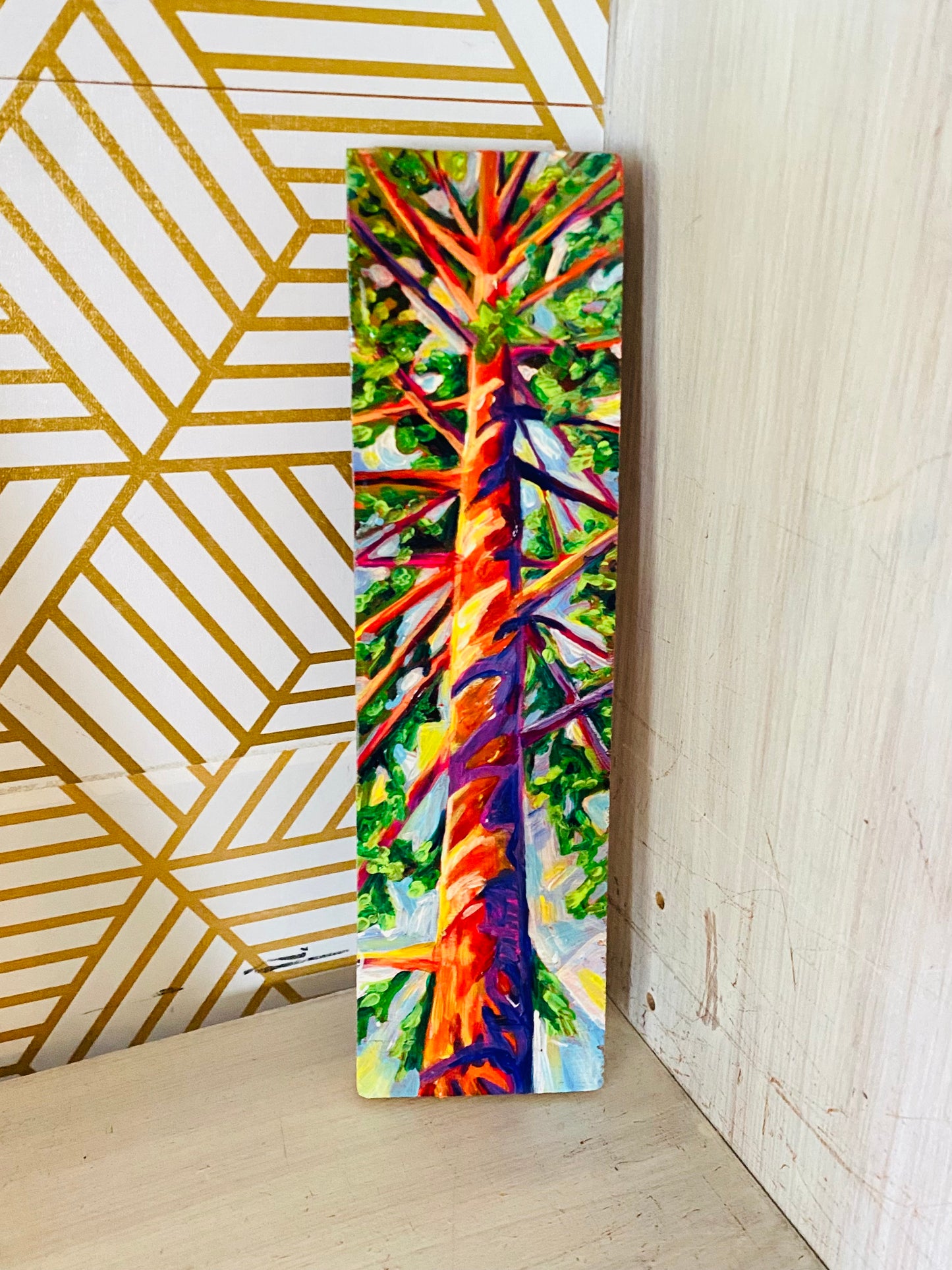 Original Pop Impressionism Up Fir Tree Painting on Wood | Karin E. Hoffman Art