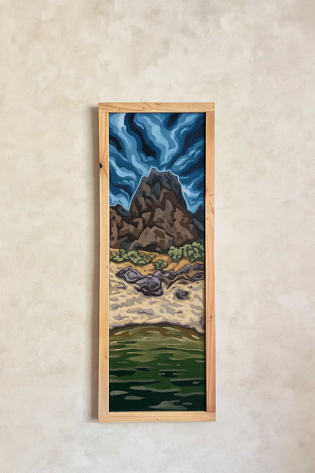 Stacked Rock Storm | 15x48 Original Acrylic Landscape on Wood Panel by Karin E. Hoffman